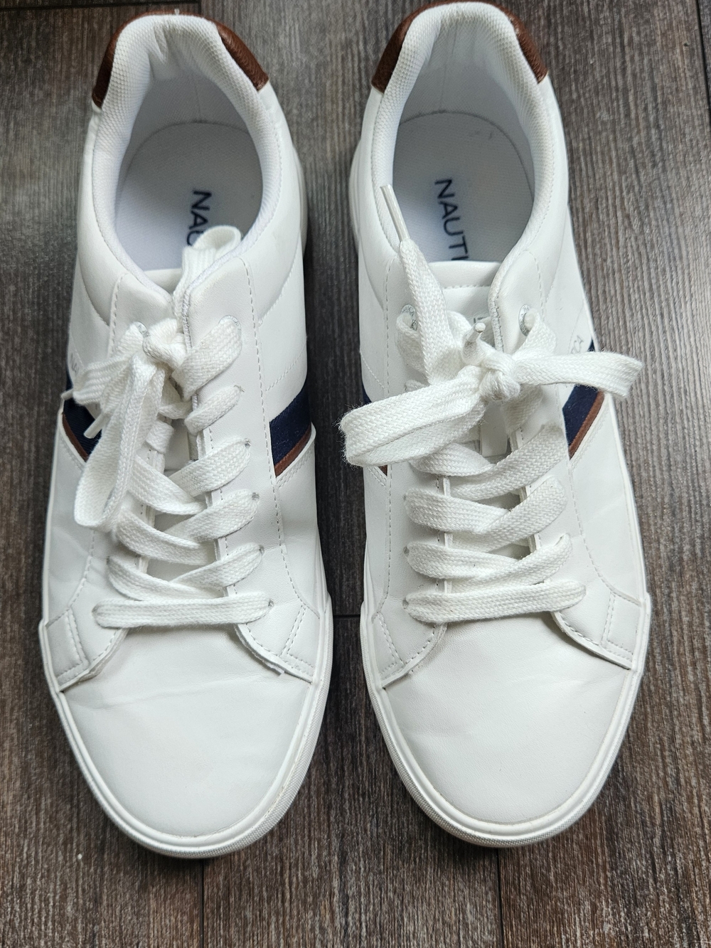 Nautica White Low-Top Sneakers with Navy & Brown Stripes